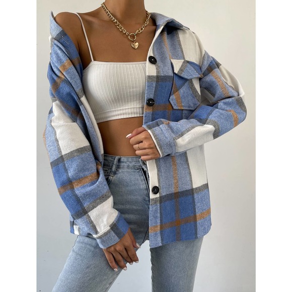 Plaid Flap Pocket boyfriend shacket trucker jacket navy blue tan white - Picture 3 of 16